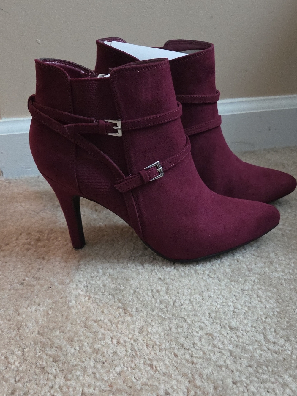 Style & Co. Burgundy Suede Pointed Toe Ankle Boots with Buckle Straps